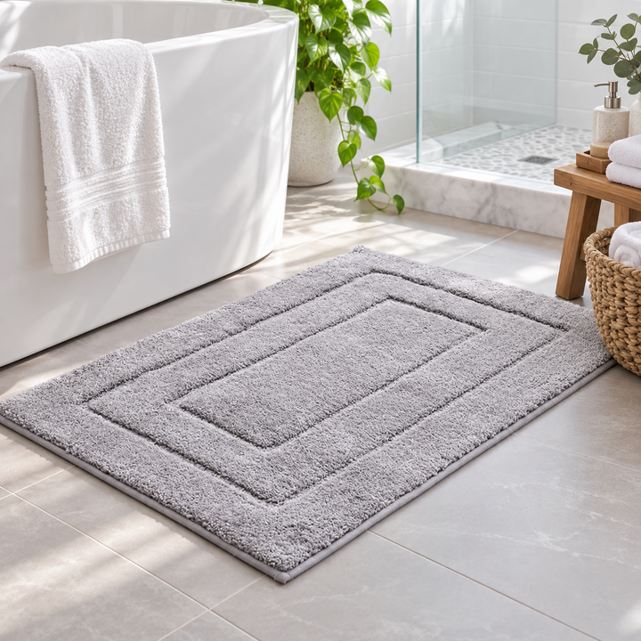 Light Gray Plush Geometric Border Bath Mat