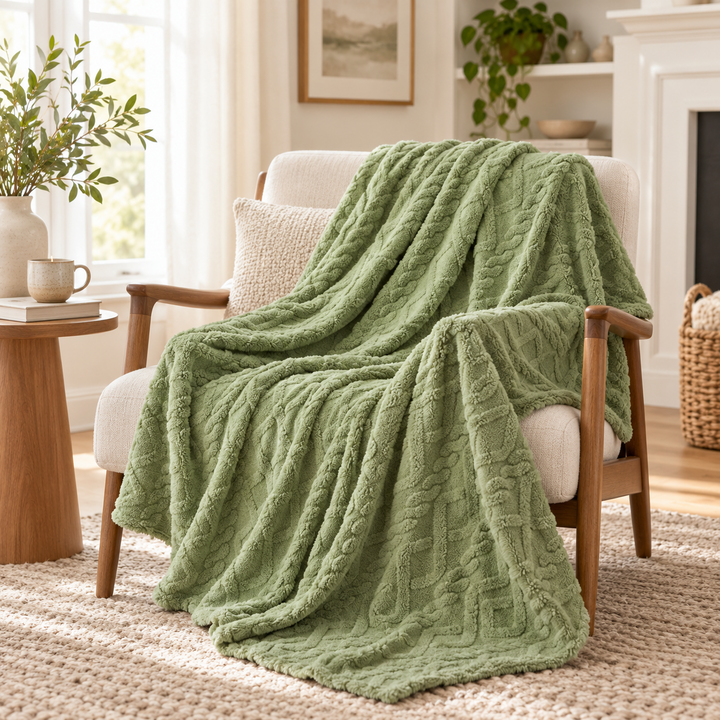 Sage Green Textured Cable Pattern Throw Blanket